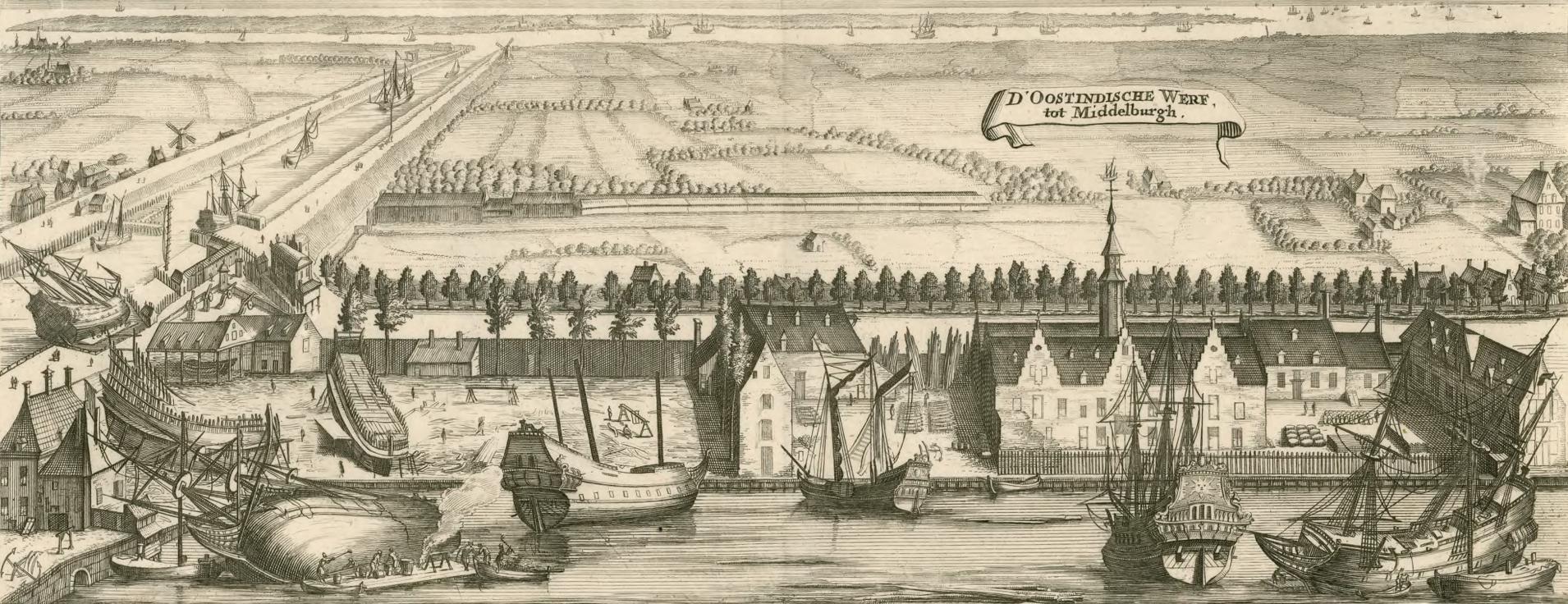 De werf van de Oost-Indische Compagnie aan het Balkengat aan het eind van de zeventiende eeuw. Zeeuws Archief, Zelandia Illustrata, ZI-II-0458